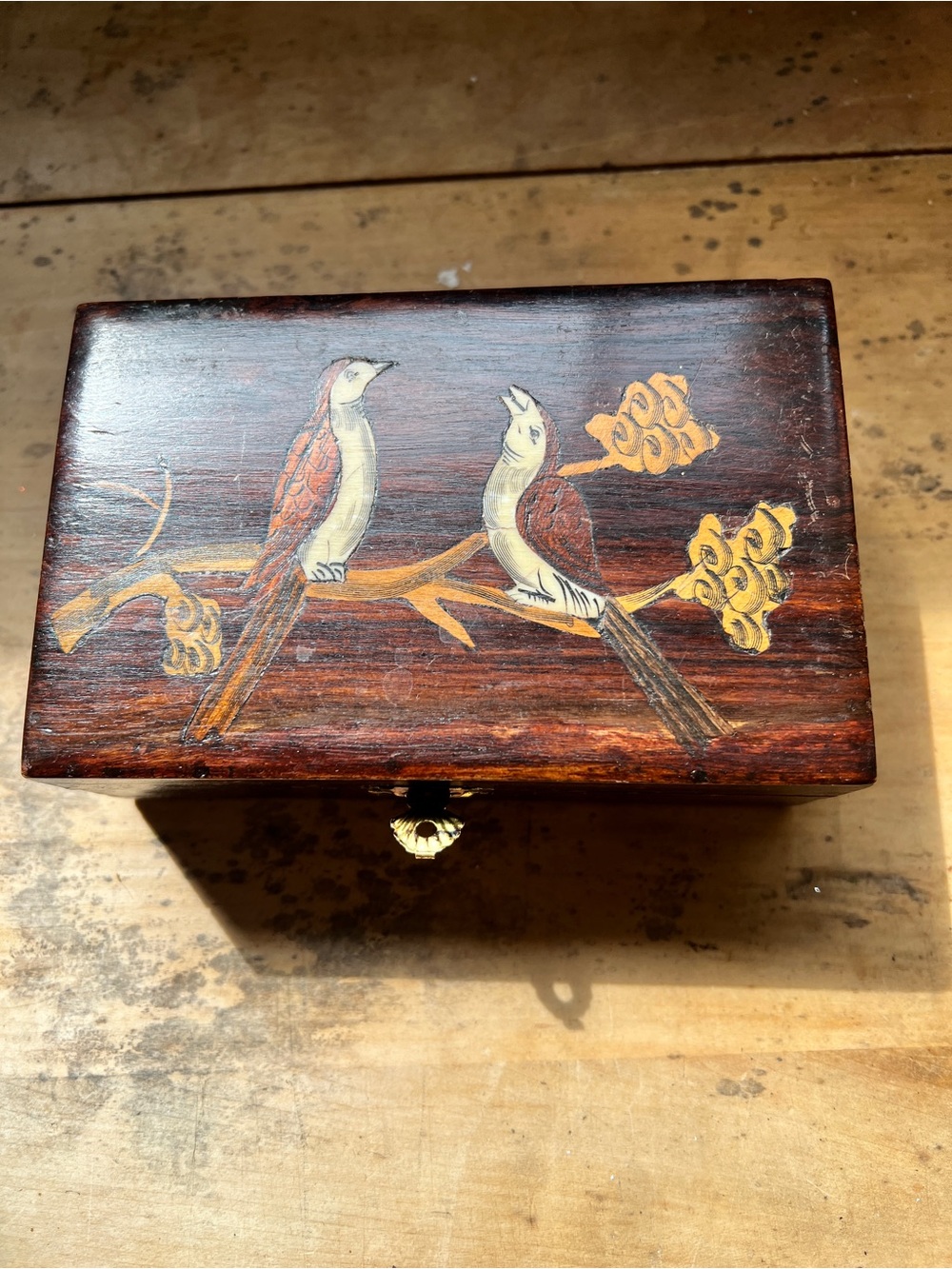 Vintage Decorative Wooden Bird Jewelry Box - Brown with Gold Accents